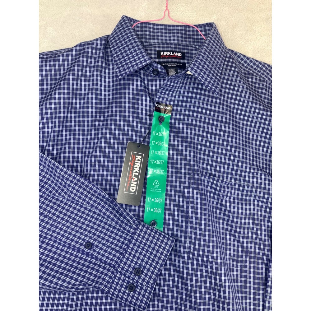 Kirkland Signature Mens 17X36/37 Blue Check Pima Cotton Non-Iron Dress Shirt NWT